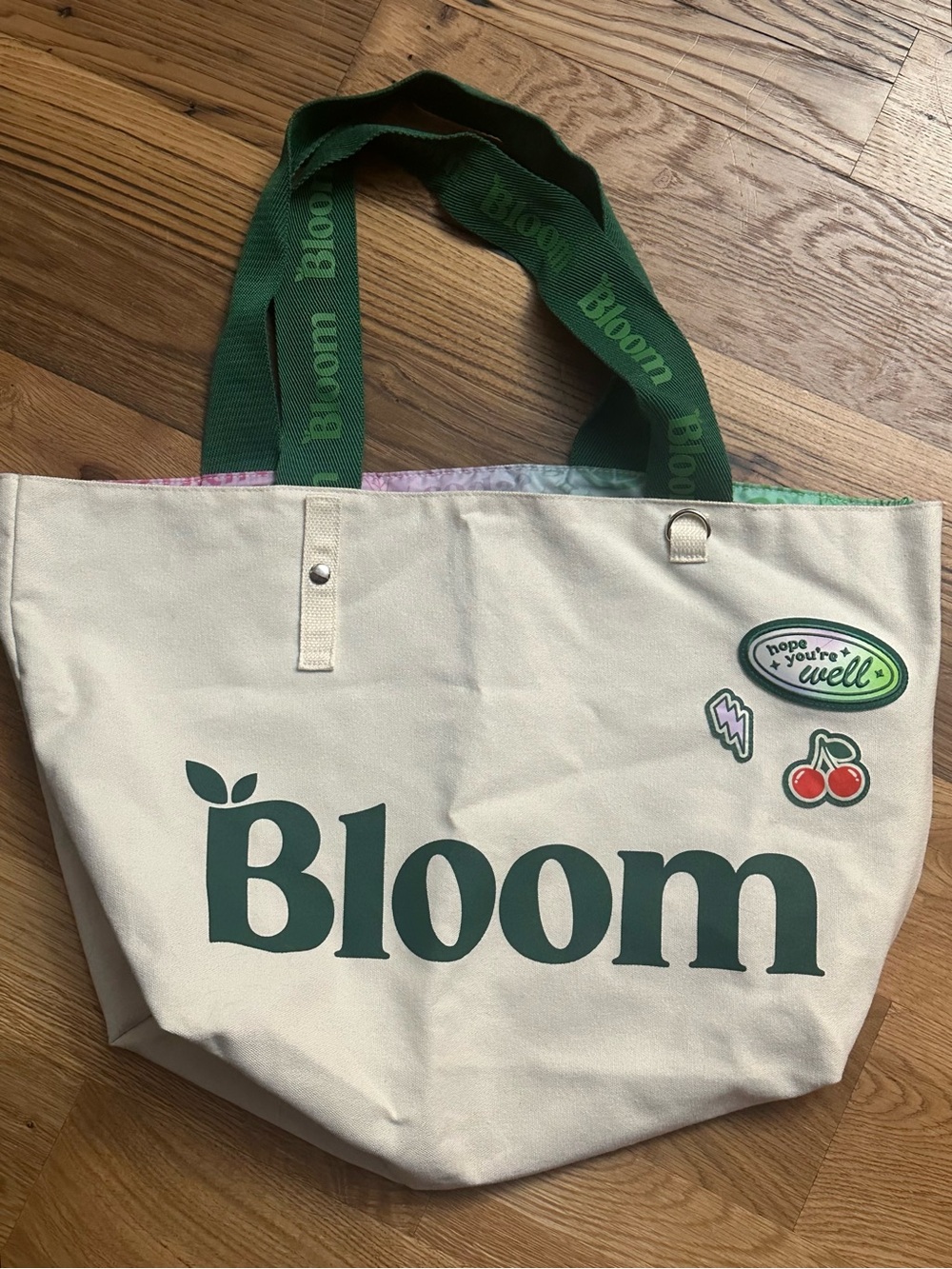 bloom Cream Canvas Tote with Dark Green Logo and Straps